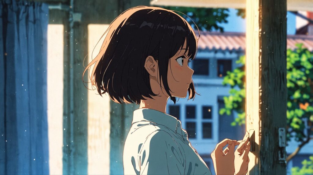 朝日を浴びて微笑む女性