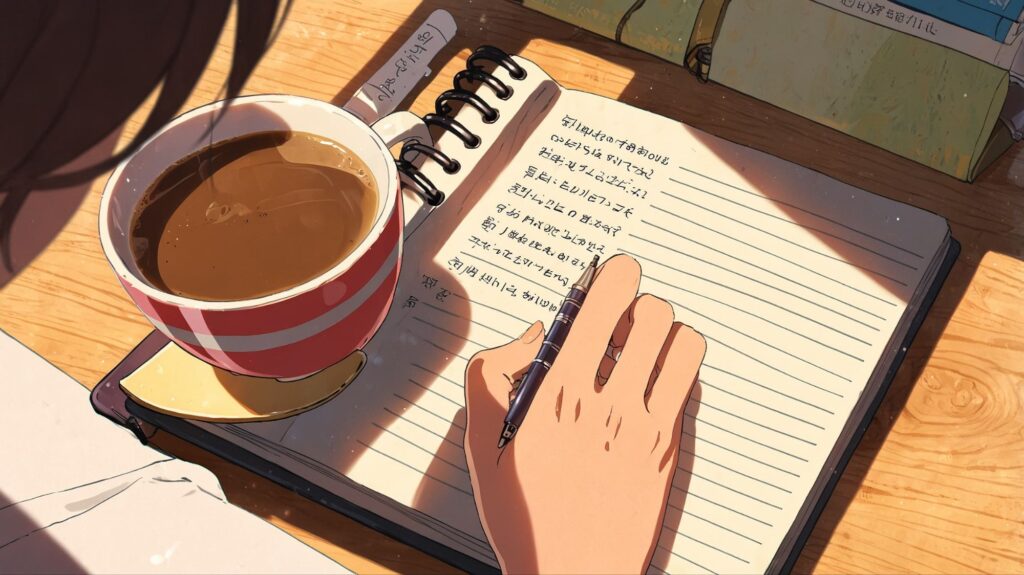 朝-コーヒー-ノートを書く手