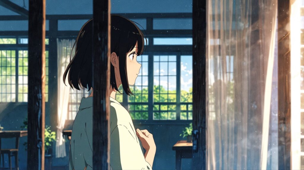 朝の窓辺で深呼吸する女性