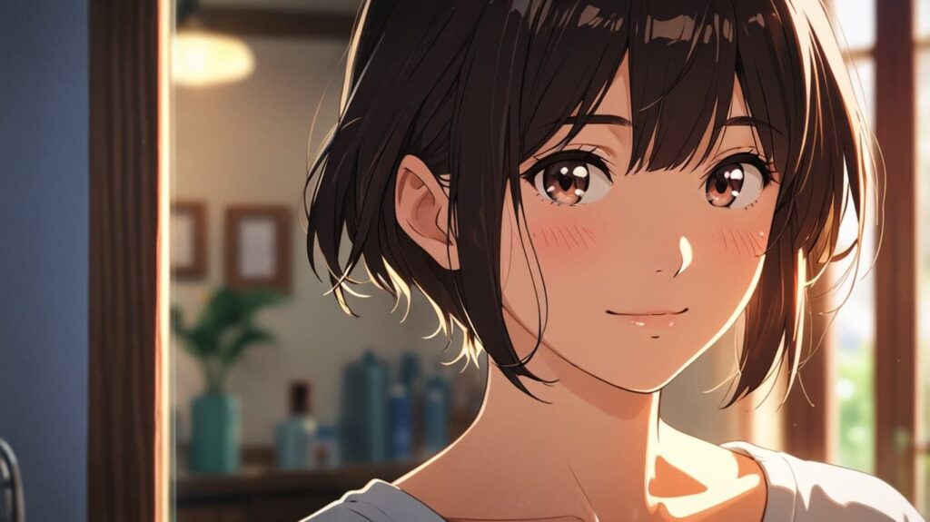  鏡越しの潤った女性の微笑み