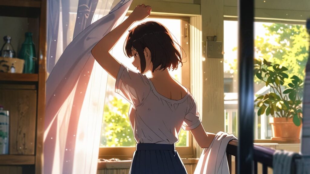 カーテンを開ける朝日