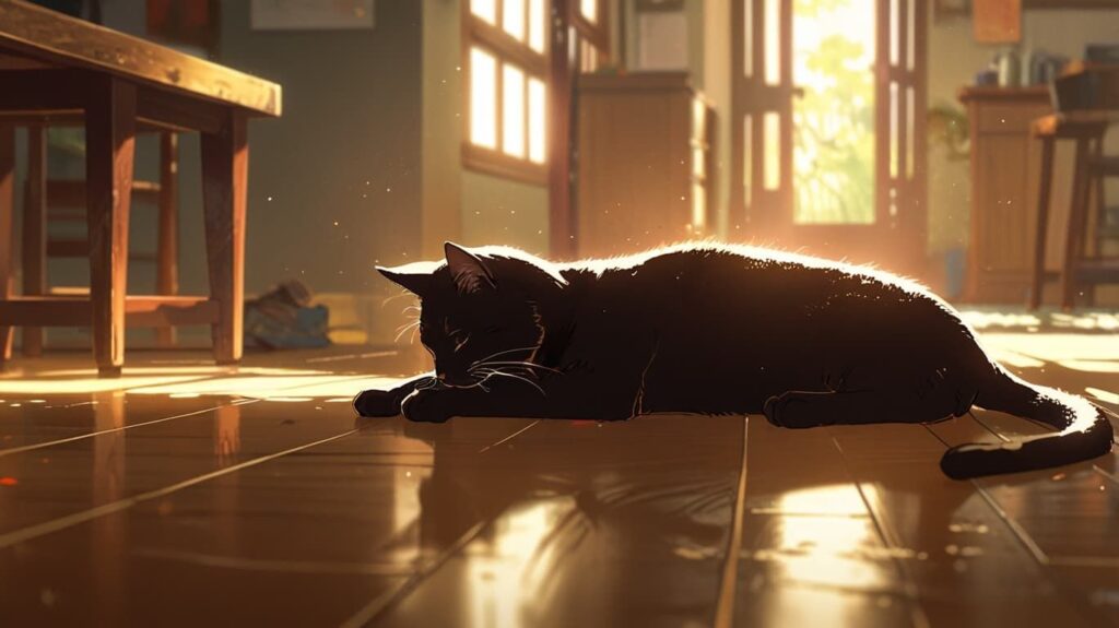 朝日を浴びる黒猫
