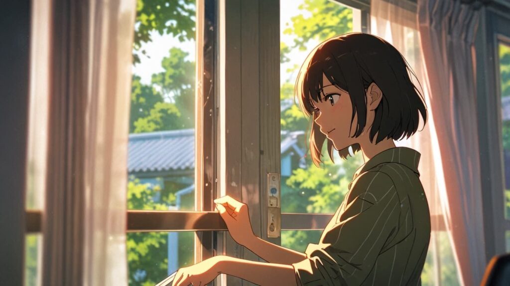 朝の光の中で窓を開ける女性