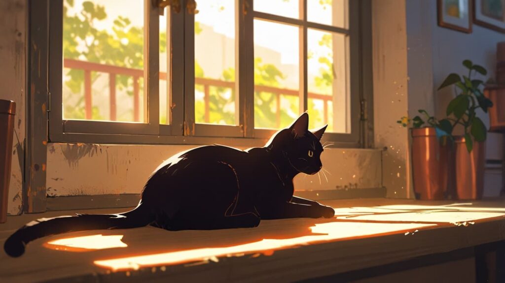 朝の窓辺の黒猫の光
