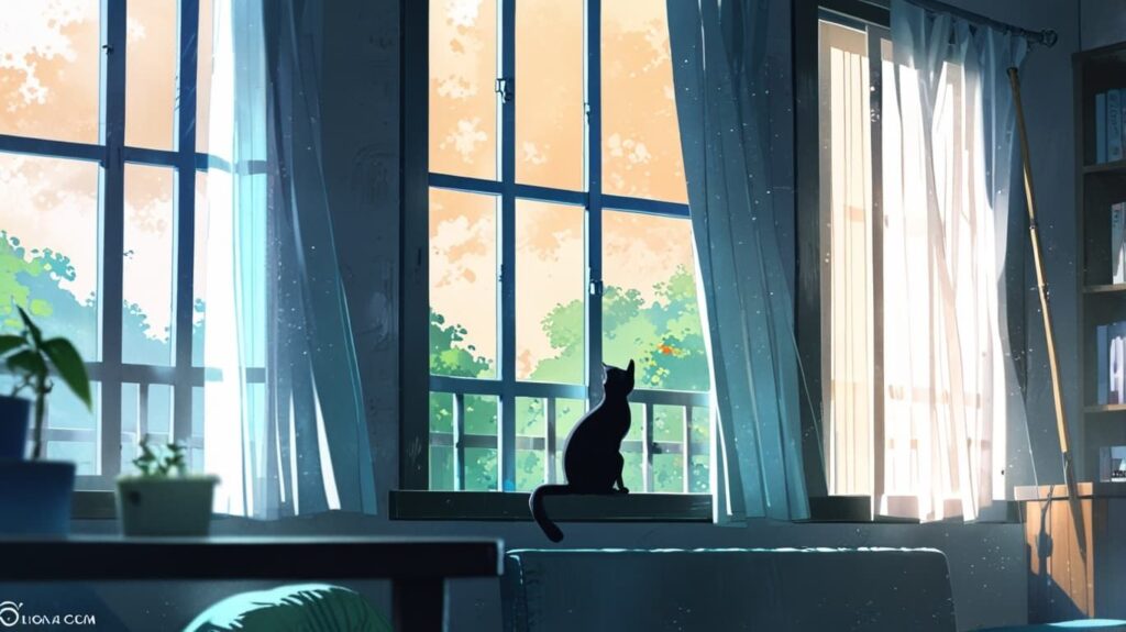 黒猫と静かな朝の窓辺