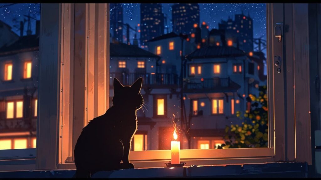 黒猫とキャンドルの夜景