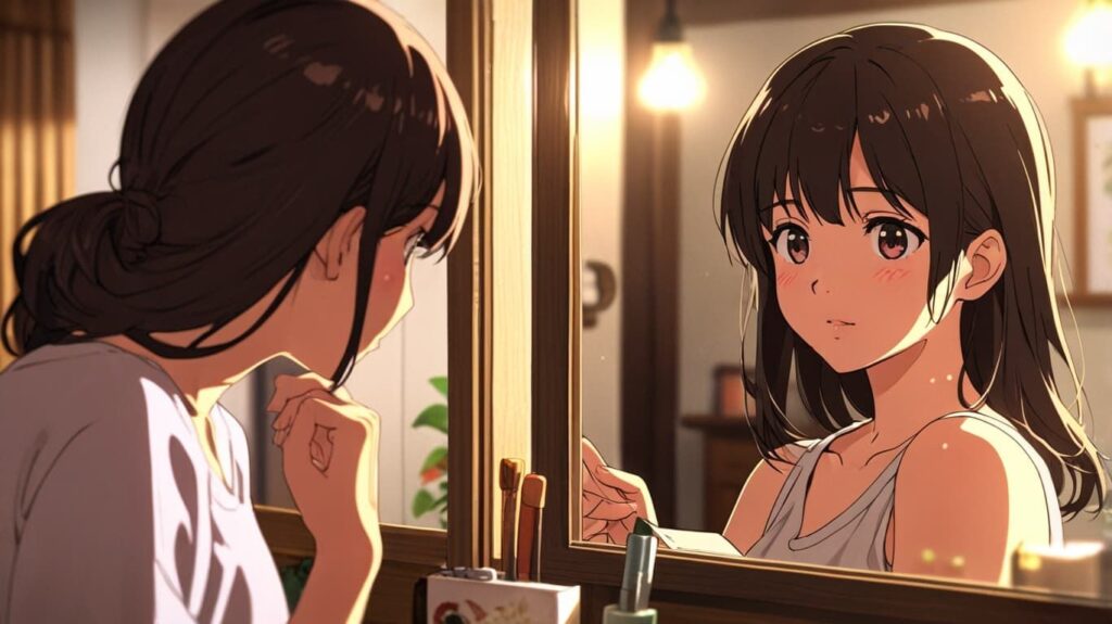 鏡越しのセルフケア時間