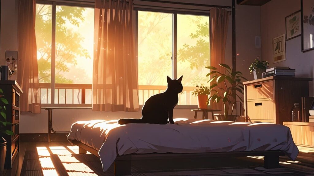 黒猫の朝のくつろぎ