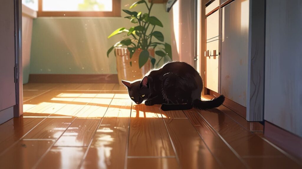 朝に寄り添う黒猫