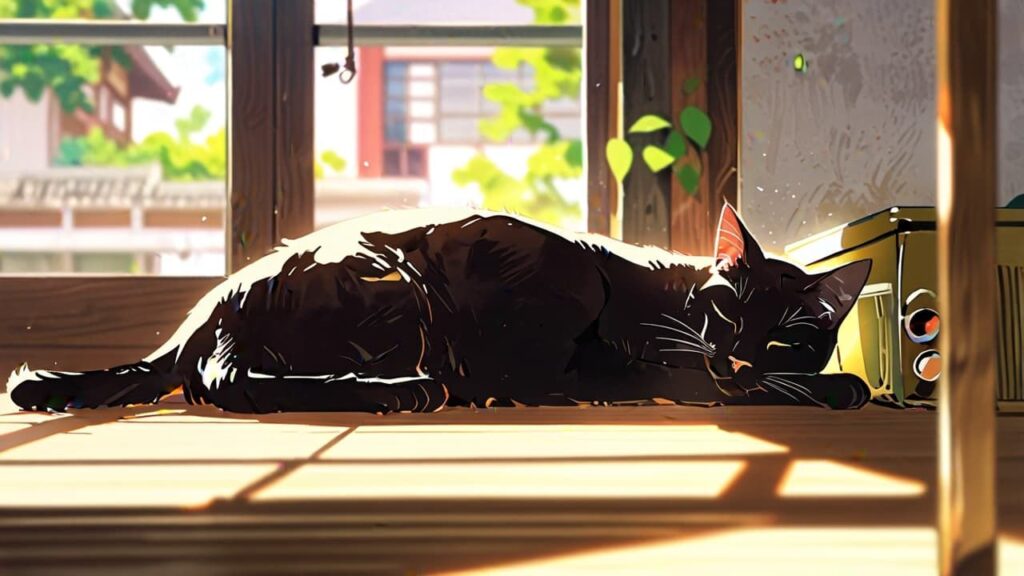 窓辺で眠る黒猫